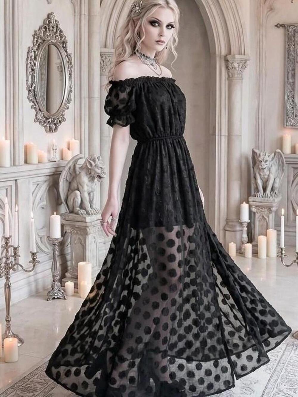 Lulu's black off-shoulder maxi dress with sheer flocked dots